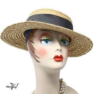 Vintage Straw Boater Hat w Black Ribbon Bow Wide Brim Garden Tea Party - Hey Viv